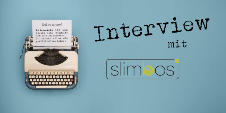 Schreibmaschine Interview mit Slimbos türkiser Hintergrund