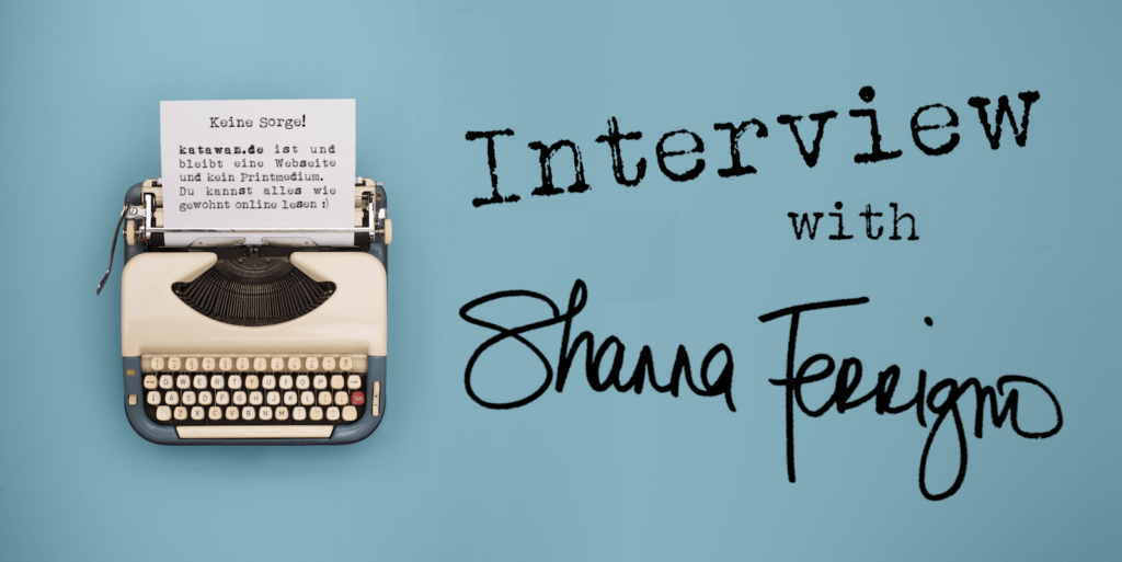 Schreibmaschine Interview türkiser Hintergrund Shanna Ferrigno englisch
