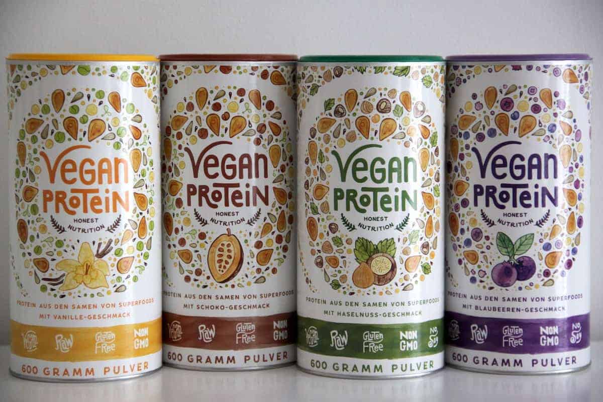 Vegan Protein alpha foods vanille haselnuss schokolade blaubeere katawan test