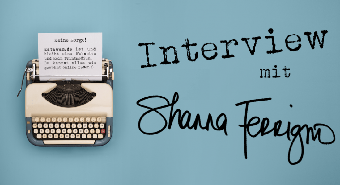 Schreibmaschine Interview türkiser Hintergrund Shanna Ferrigno
